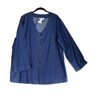Roamans Denim Blouse Womens Size 18W Tunic Blue V Neck Button Front Cotton